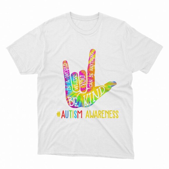 (NEW) Be Kind ASL Love Sign Language Hand Autism Awareness Tie Dye White T-Shirt - Picture 1 of 2